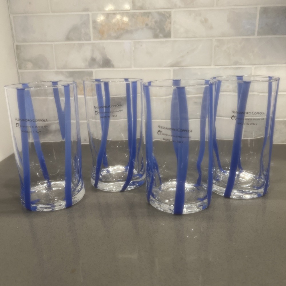 Set of 4 Murano Alessandro Coppola Blue Striped 5.75" Indented Glasses